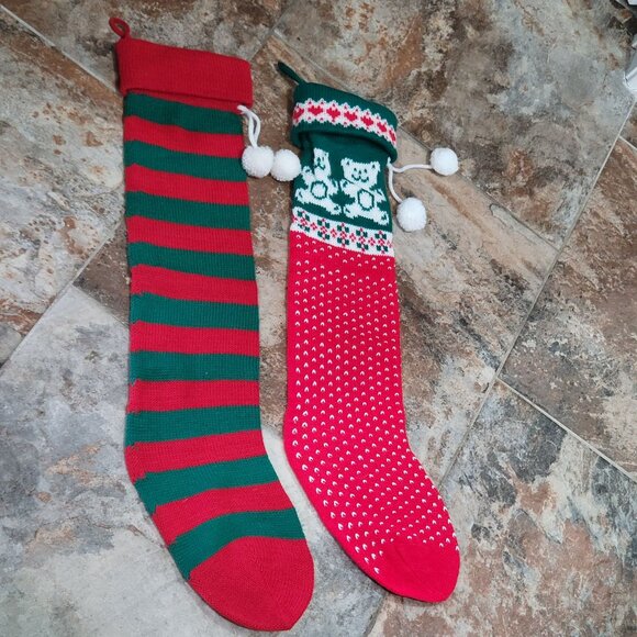 Knitted Christmas Stockings Teddy Bears Hearts Striped Pattern Set of 2 Large S - Picture 3 of 9